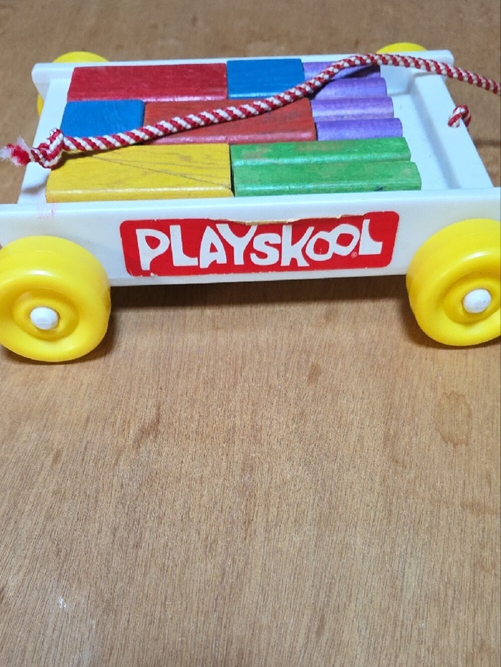 Vintage 1970 Wooden Pull-Along Color Block Wagon - Multicolor